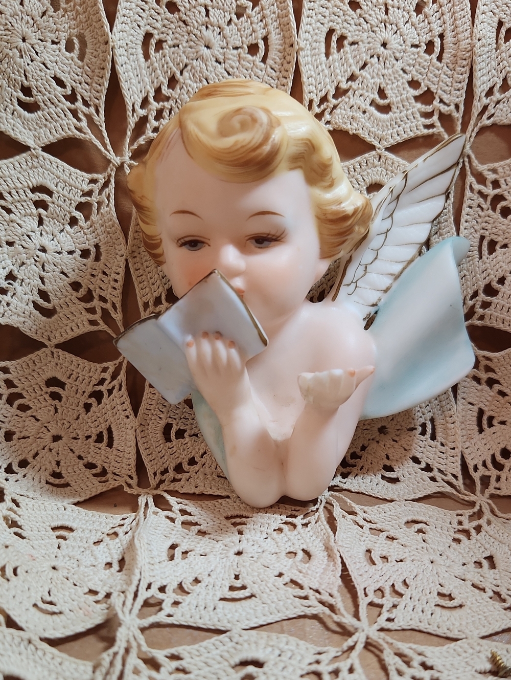 Norcrest Porcelain Cherub Wall Plaque in Cream and Light Blue